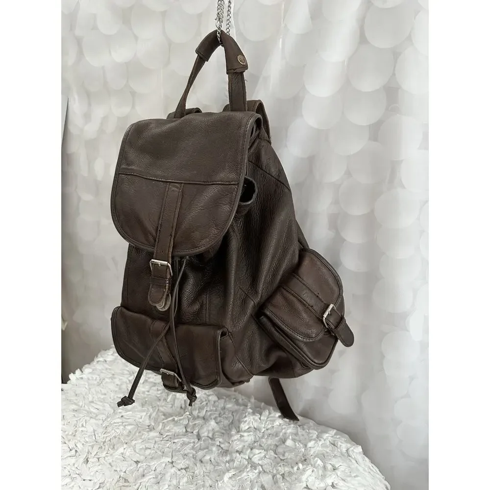 Vintage Leather Drawstring Backpack Brown Distressed Genuine Cowhide Unisex
